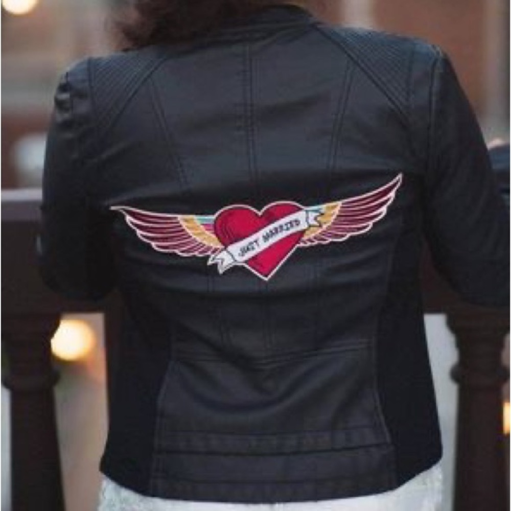 Express “Just Married” faux leather jacket